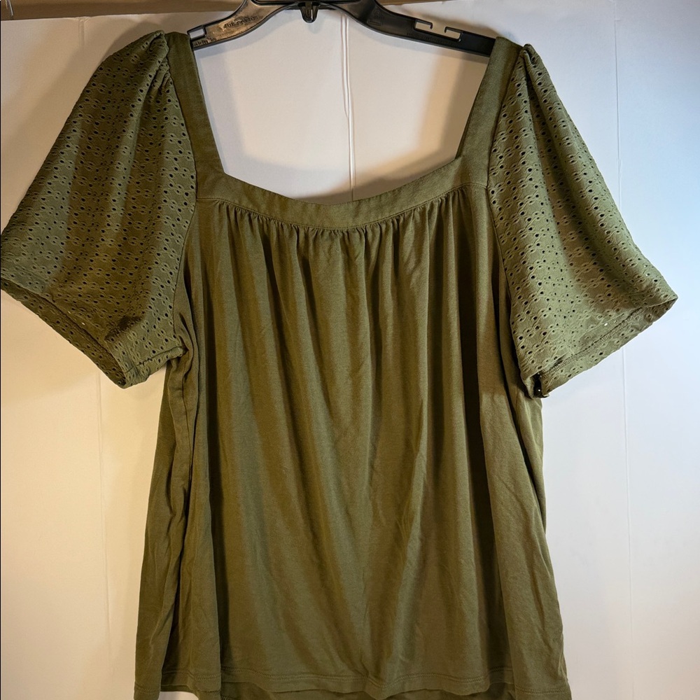 Olive Green Puff Sleeve Square Neck Women's Top
